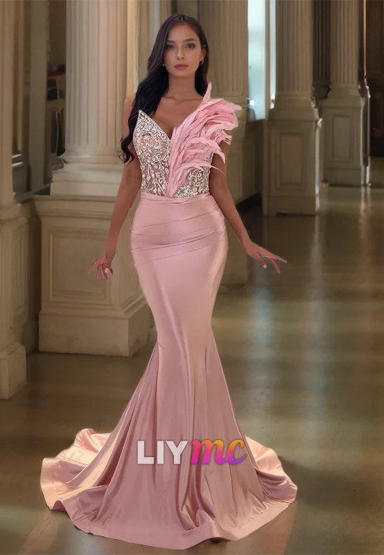 Daily Deals V-Neck Strapless Beaded Feathered Sleek Mermaid Prom Dress
