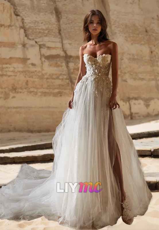 Customer Appreciation Sale Sweetheart Strapless Tulle Appliques A-Line Beach Wedding Dress