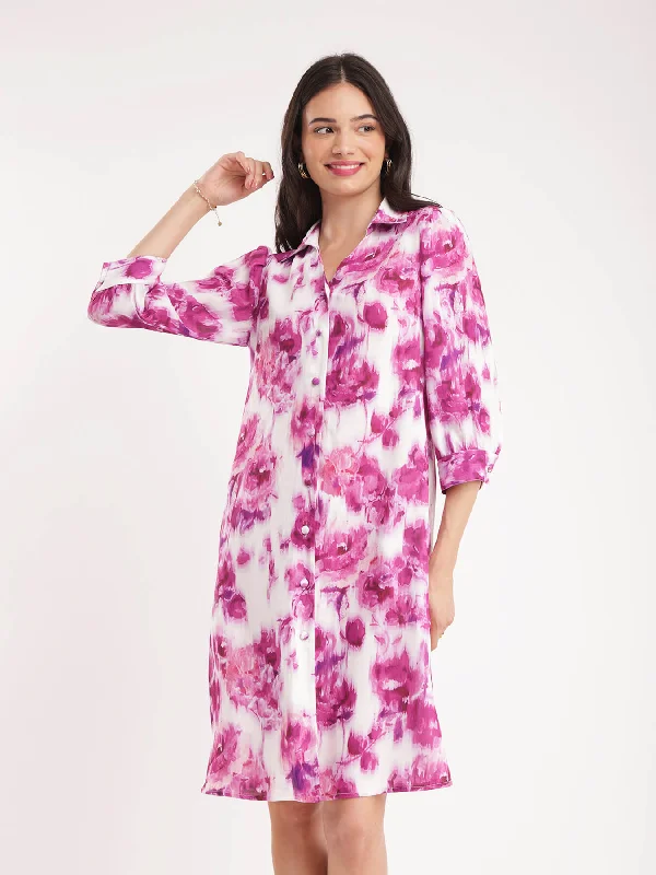 Floral Shirt Dress - Pink And White