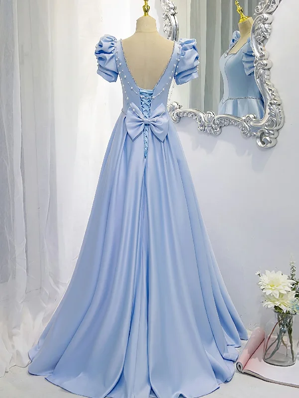 Shop and Save Blue Satin Backless Long Prom Dress, Blue Evening Dress