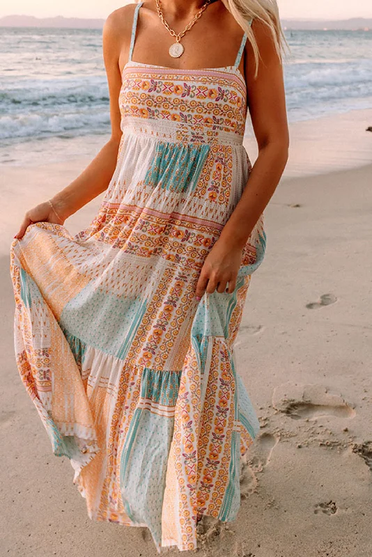 Limited Availability Multicolor Boho Patchwork Print Square Neck Sundress