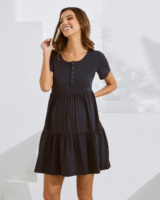 Savings Event Navy Short Sleeve Maternity Tiered Dress