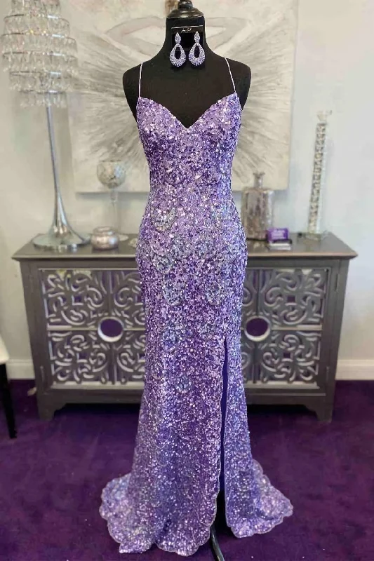 Unbeatable Prices Glitter Lavender Sequins Prom Dresses, Long Formal Dress With Slit