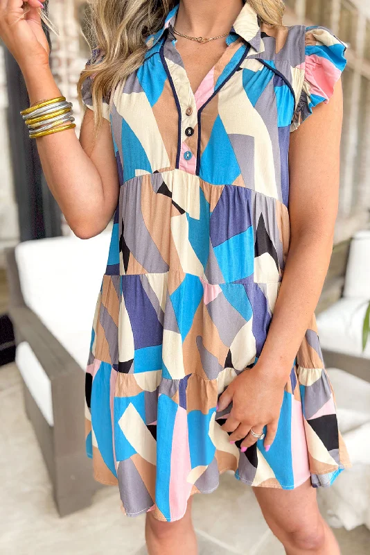 Price Drop Sky Blue Abstract Button V Neck Tiered Dress