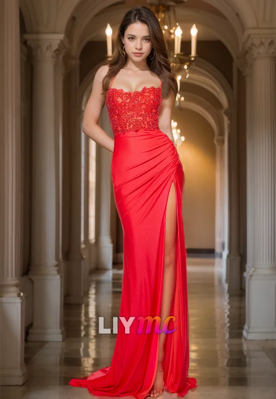 Lowest Prices Scoop Spaghetti Straps Appliques Ruched Sheath Prom Dress