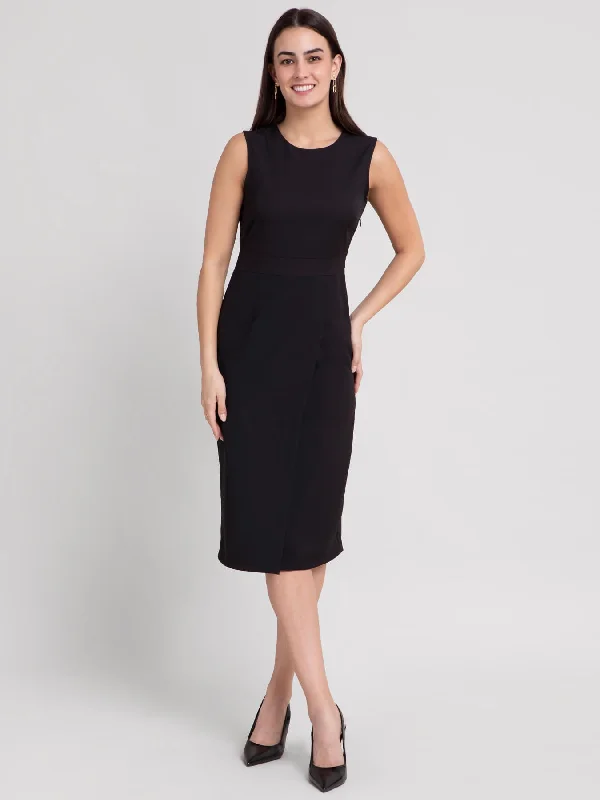 Round Neck Overlap Shift Dress - Black