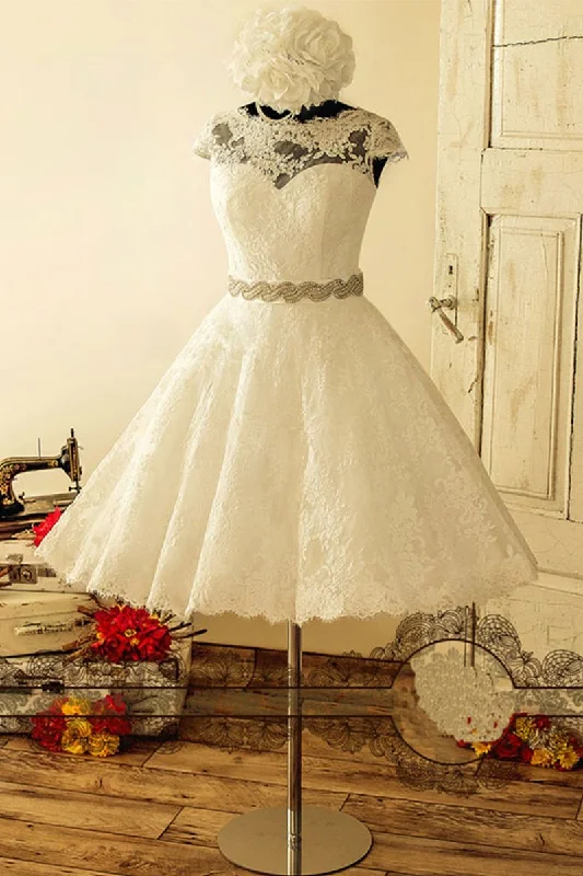 Price Slash Ivory Lace Cap Sleeve Short Wedding Dress with Belt Tea Length Wedding Gowns JKT324