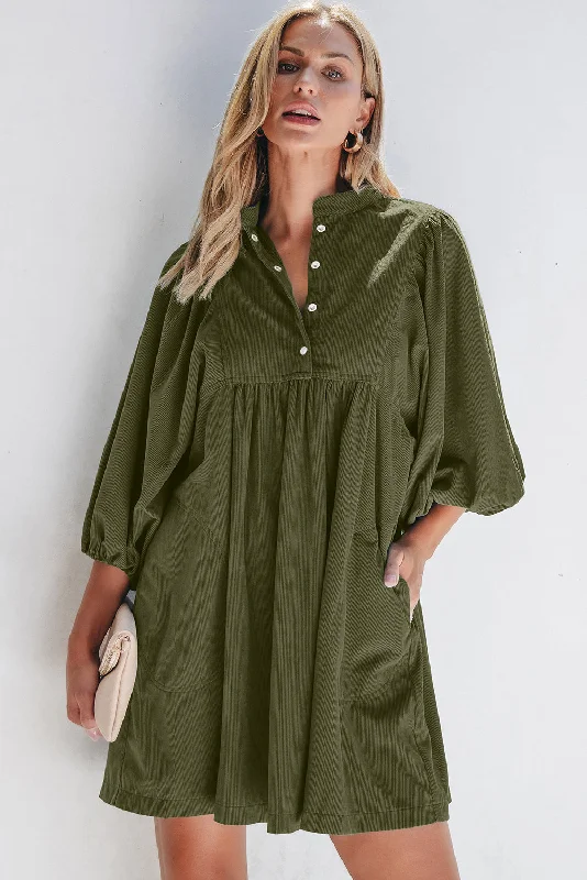 Shop and Save Vineyard Green Corduroy Snap Buttons Empire Waist Bracelet Sleeve Dress Shop and Save Vineyard Green Corduroy Snap Buttons Empire Waist Bracelet Sleeve Dress