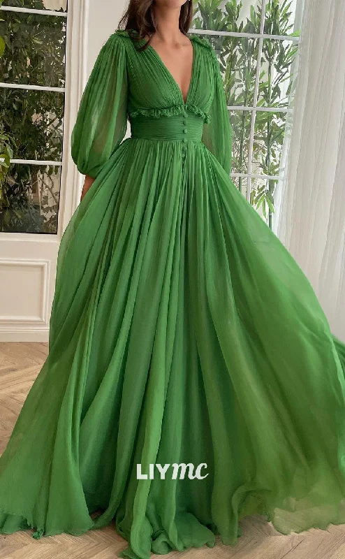 Quick Sale LP2099 - V-Neck Sleeves Tulle Empire Waist A-Line Prom Dress