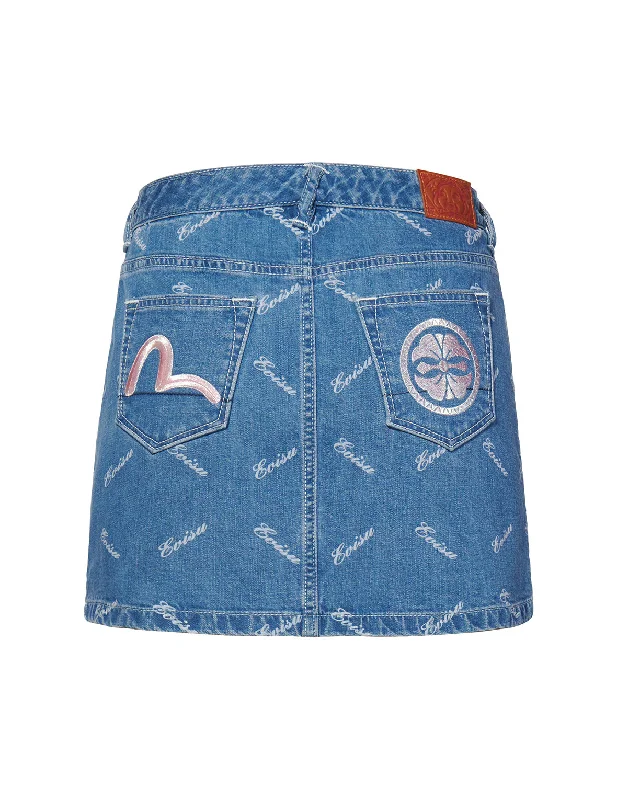 Final Clearance Allover Discharged Logo Print Denim Skirt