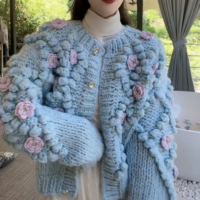 Znbbw Crop Knitted Cardigans Women 3D Flower Sweater Coat Sweet Single Breasted Knitwears Jackets Korean Loose Jumper Outwear