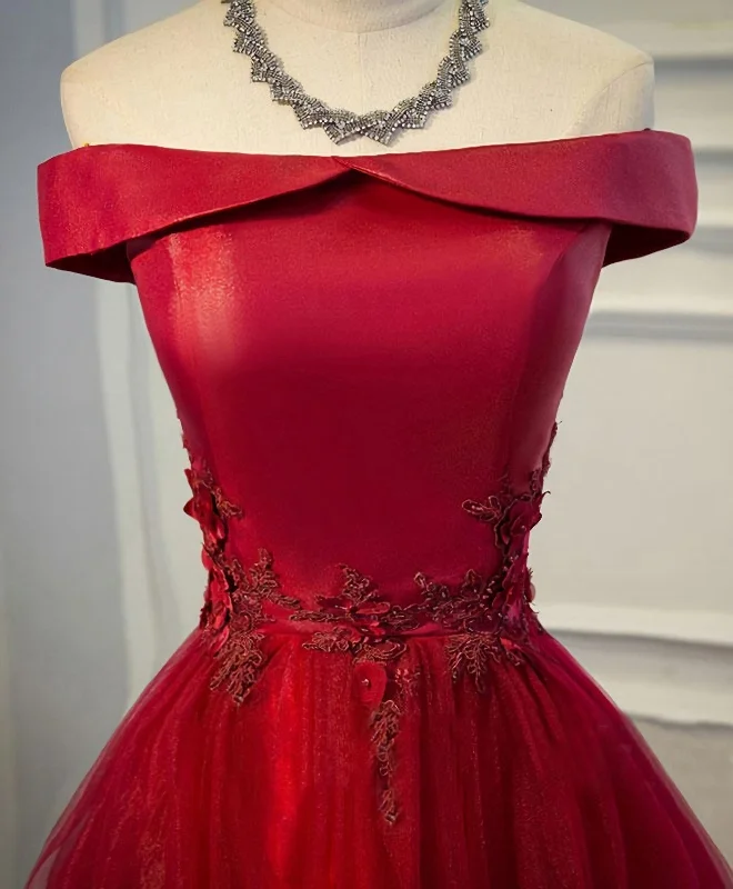 Can't Be Beat Burgundy Lace Tulle Long Prom Dress, Off Shoulder Evening Dress