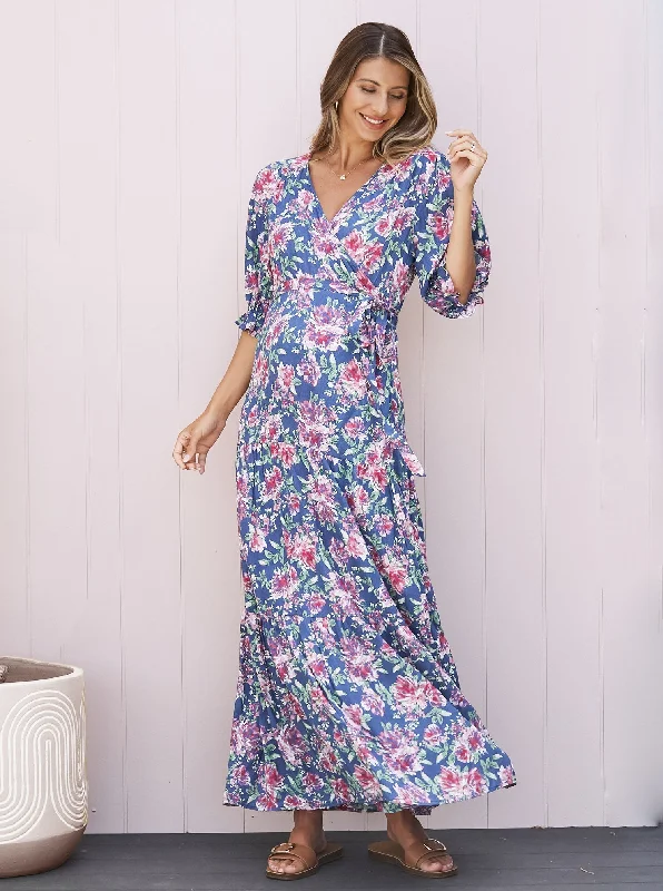 Price Slash Elise Baby Shower Maternity Wrap Dress in Blue Flora