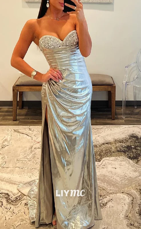 Bargain Bin LP2049 - Sweetheart Sleeveless Beaded Pleated Side Slit Floor-Length Prom Dress