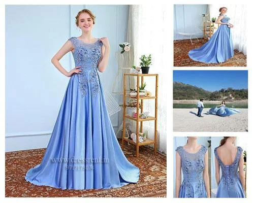 YEAR-End Clearance G73, Sky Blue Satin Flower Prom Gown, Size (XS-30 to XXXL-46)