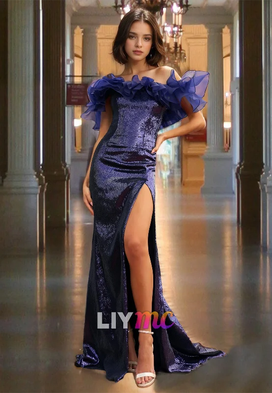 Early Bird Discount Off-Shoulder Strapless Ruffled Sheath Prom Dress