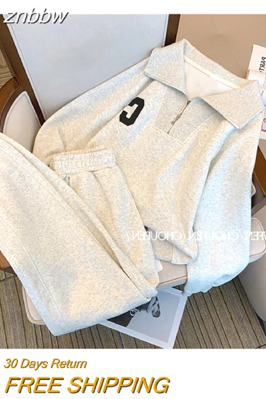 Discount Deals znbbw Women 2 Piece Grey Sweatshirt Tracksuit Set Zipper Sporty Pullover Coat Top Elastic Waist Wide Leg Jogger Oversized Pant 2023
