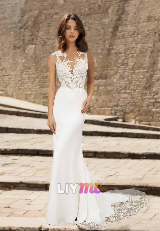 Clearance Sale V-Neck Sleeveless Lace Appliques Sleek Mermaid Wedding Dress