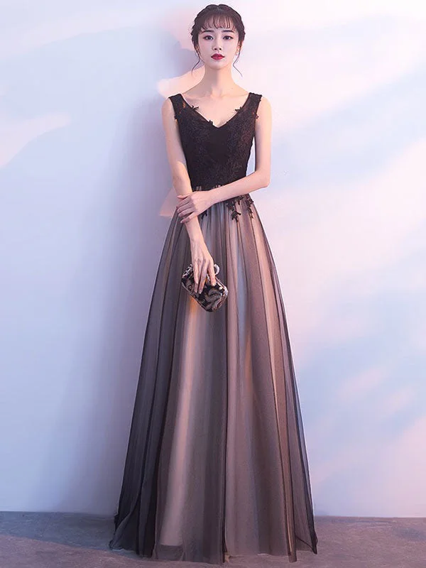 Act Fast Stunning Black Evening Dresses Long V Neck Lace Tulle Sleeveless A Lien Floor Length Formal Evening Dress