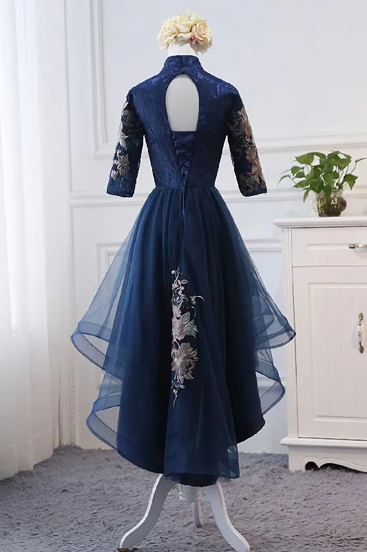 Great Deals High Neck High Low Dark Navy Half Sleeve Tulle Homecoming Dresses With Appliques H1036