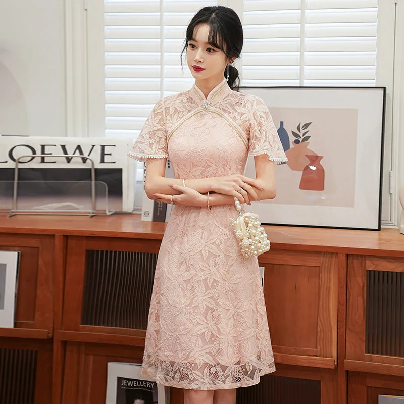 Plus Size A Line Flutter Sleeve Lace Cheongsam Dress