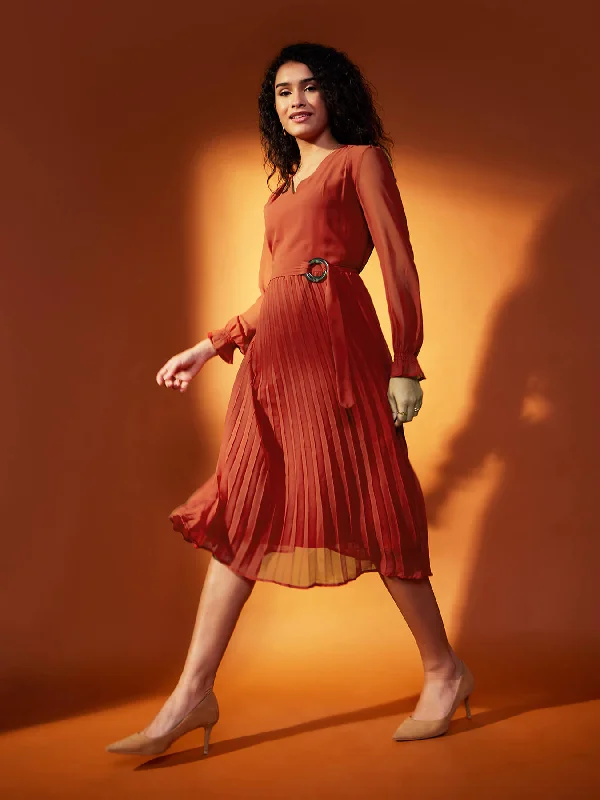 Early Access V Neck Pleated Fit and Flare Dress - Rust
