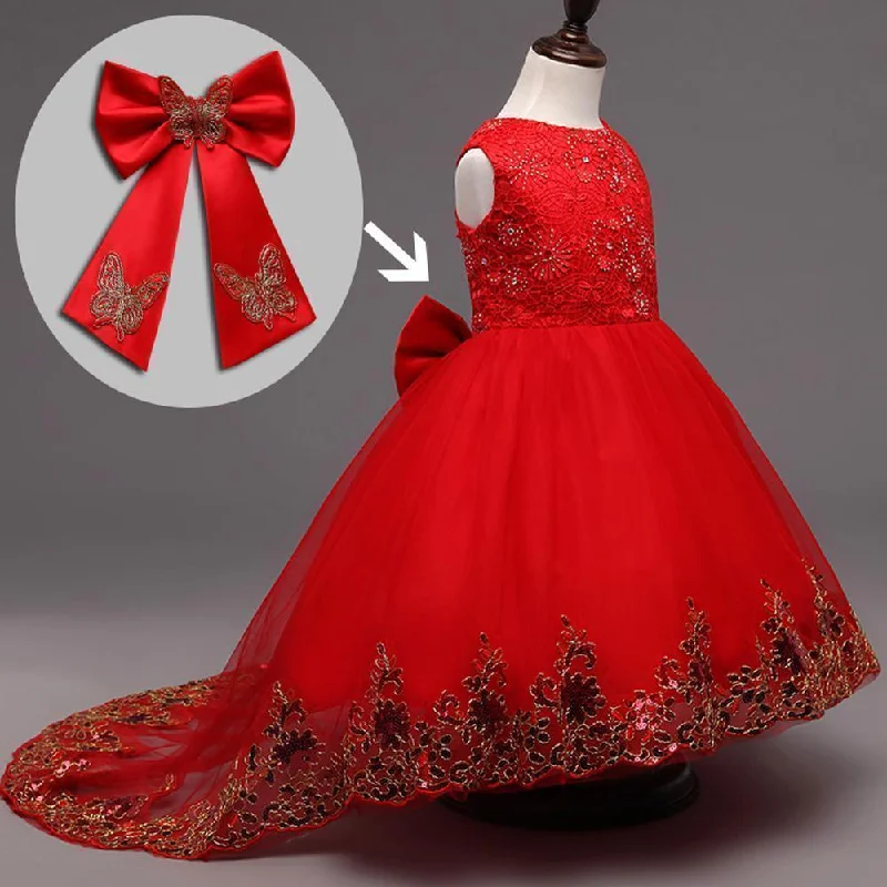 Lowest Price Elegant Girls Lace Dress, Trailing Mesh Embroidered Dress For Kids 2-9 Yrs