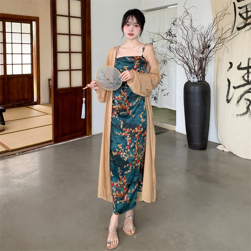 Plus Size Oriental Modern Drape Dress and Long Cardigan Set