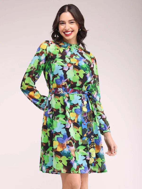 Super Sale Ruffle Neck A-line Dress - Green And Black