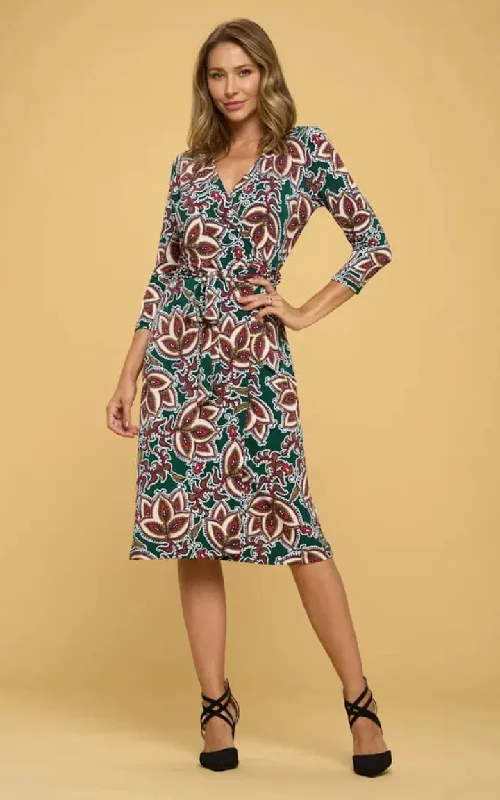 Renee C - Floral V-Neck Wrap Dress in Green Print