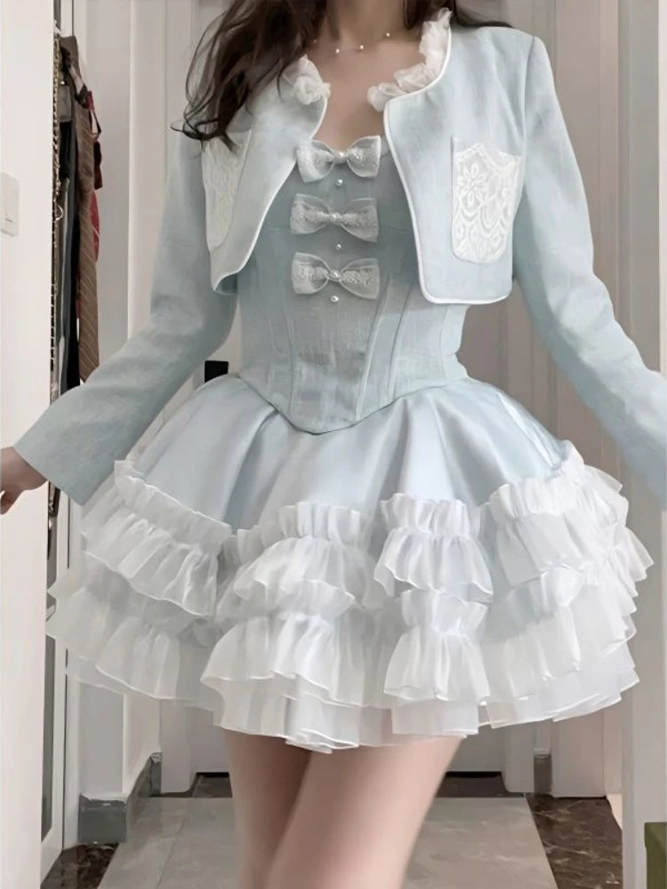 Znbbw Sweet Kawaii Two Piece Set Women Summer Sexy Elegant Party Mini Dress Suits Female Lolita Cute Dress + Long Sleeve Coat New