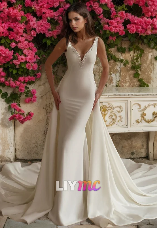 Special Savings V-Neck Straps Sleek Satin Beaded Removable Train Mermaid Wedding Dress Special Savings V-Neck Straps Sleek Satin Beaded Removable Train Mermaid Wedding Dress
