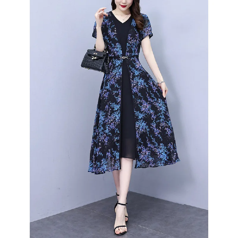 One-DAY Sale Plus Size Blue Floral Chiffon Layer Dress