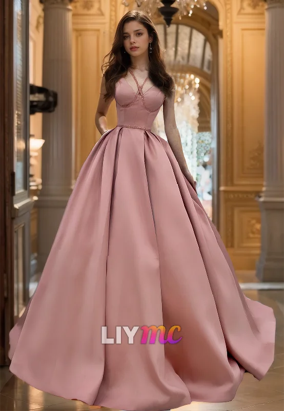 One-DAY Sale V-Neck Spaghetti Straps Pleated Satin A-Line Prom Dress