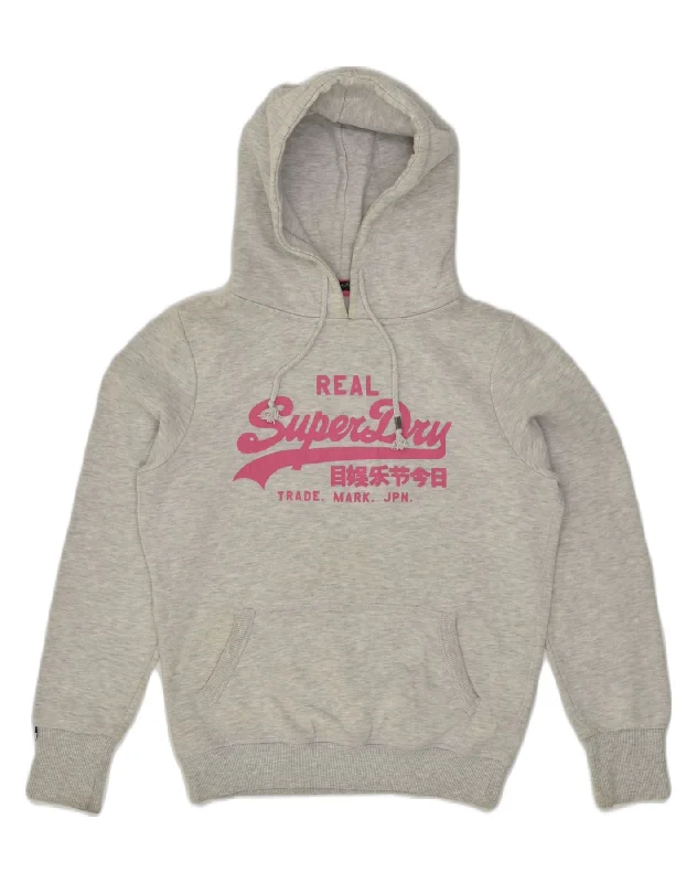 Season Finale Sale SUPERDRY Womens Graphic Hoodie Jumper UK 10 Small Grey Cotton