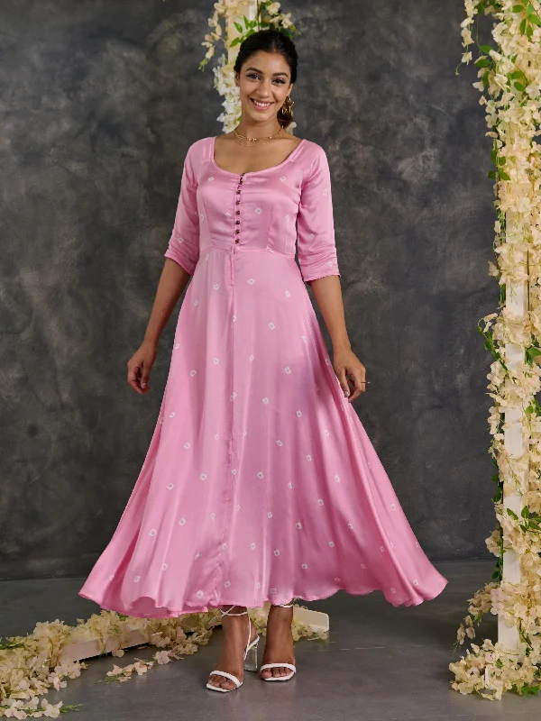 Members Only Pink Bandhani Modal Satin Fit & Flare Dress