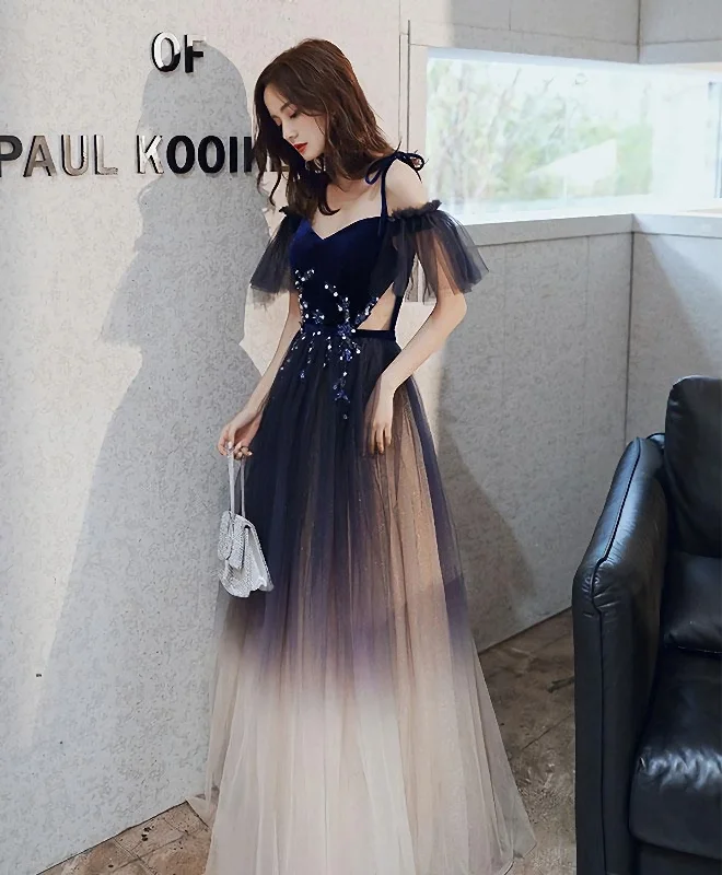 Limited Availability Blue Sweetheart Tulle Off Shoulder Long Prom Dress, Blue Evening Dress
