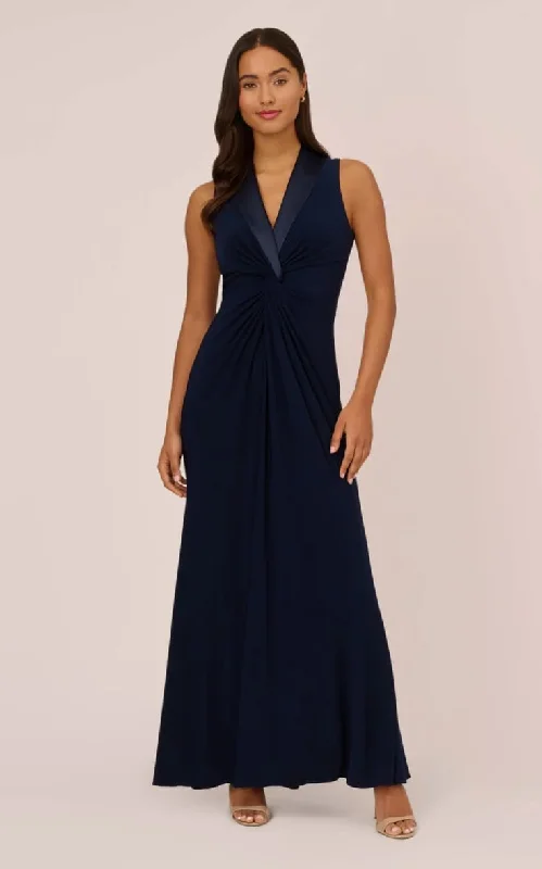 Adrianna Papell- Matte Jersey Twist Front Tuxedo Gown in Midnight