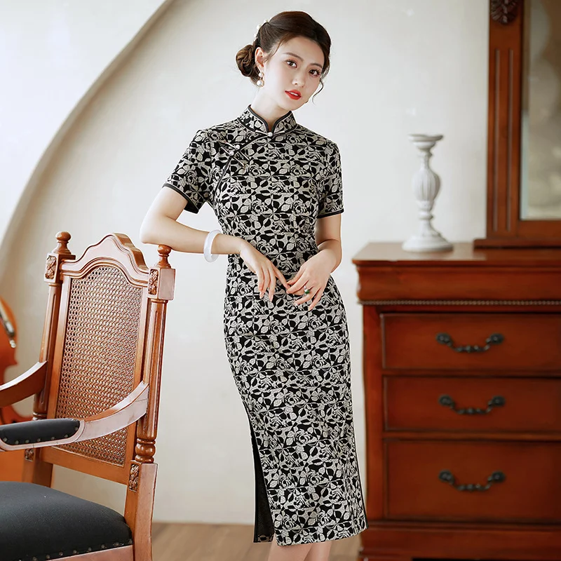 (M-5Xl) Plus Size Mod Vintage Black Cheongsam Dress