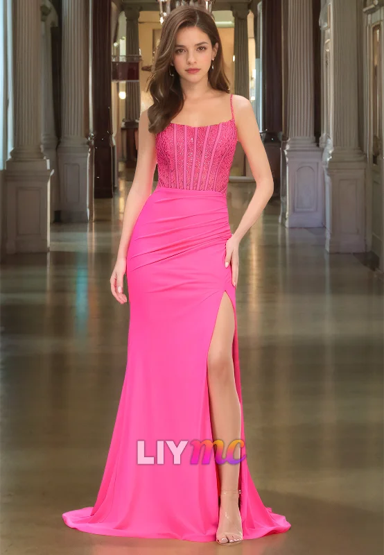Super Sale Scoop Spaghetti Straps Appliques Beaded Ruched Sheath Prom Dress