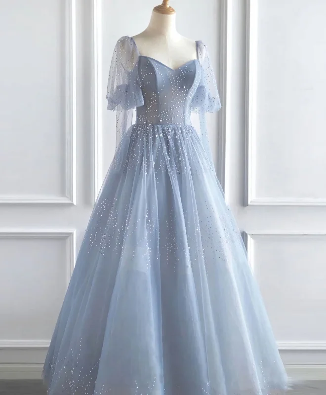 Limited Time Blue V Neck Tulle Sequin Long Prom Dress, Blue Tulle Formal Dress, 1