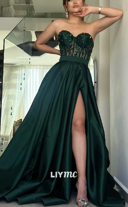 Early Bird Discount LP2170 - Sweetheart Sleeveless Appliques High Slit Pleated A-Line Prom Dress Early Bird Discount LP2170 - Sweetheart Sleeveless Appliques High Slit Pleated A-Line Prom Dress