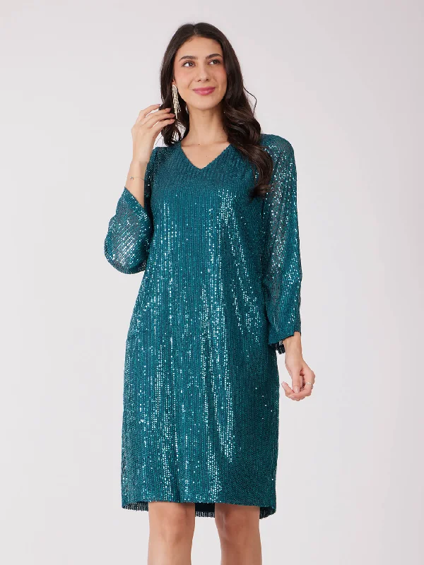 While Supplies Last Sequin Shift Dress - Teal