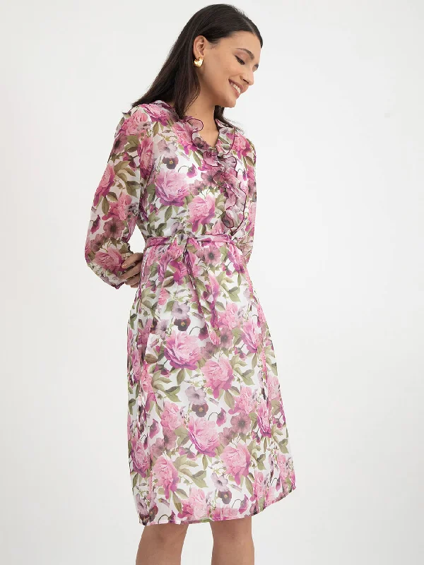 Midnight Madness Floral Print Chiffon Dress - White And Purple