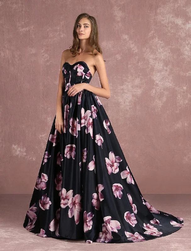 Super Deal Stunning Floral Pageant Dress Black Sweatheart Strapless Long evening dress Boned Printed Chapel Train Occasion Dress