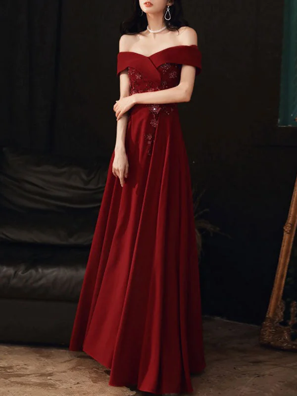 Year-End Sale Beautiful Women's Evening Dress A-Line Bateau Neck Matte Satin Floor-Length Beaded Formal Dinner Dresses