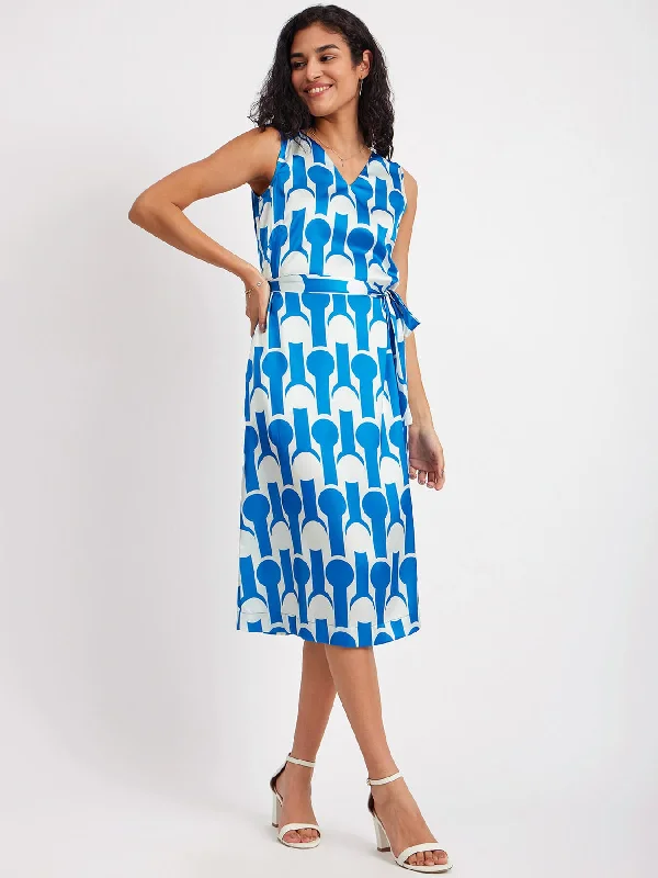 Special Discount Satin Geometric Print Dress - Blue And White