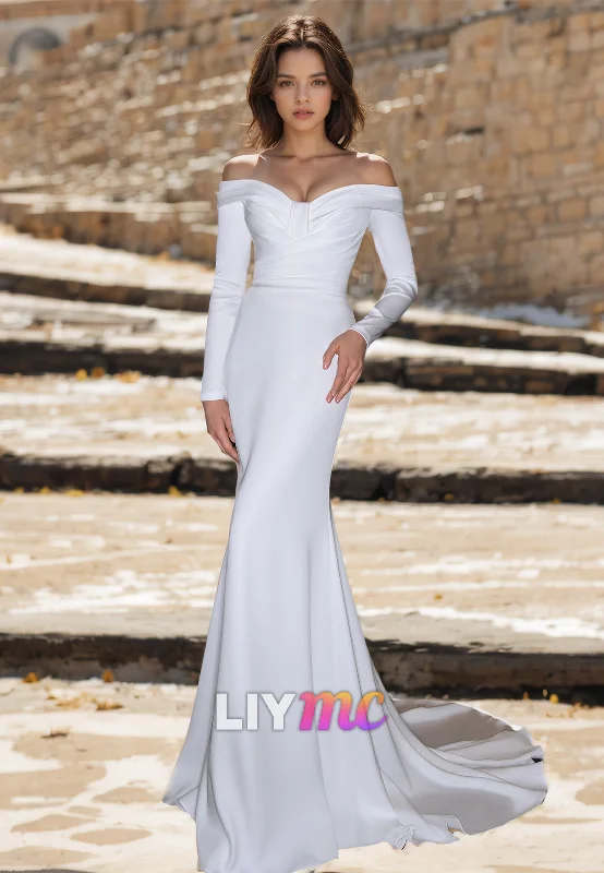 Price Drop V-Neck Long Sleeves Sleek Satin Mermaid Beach Wedding Dress