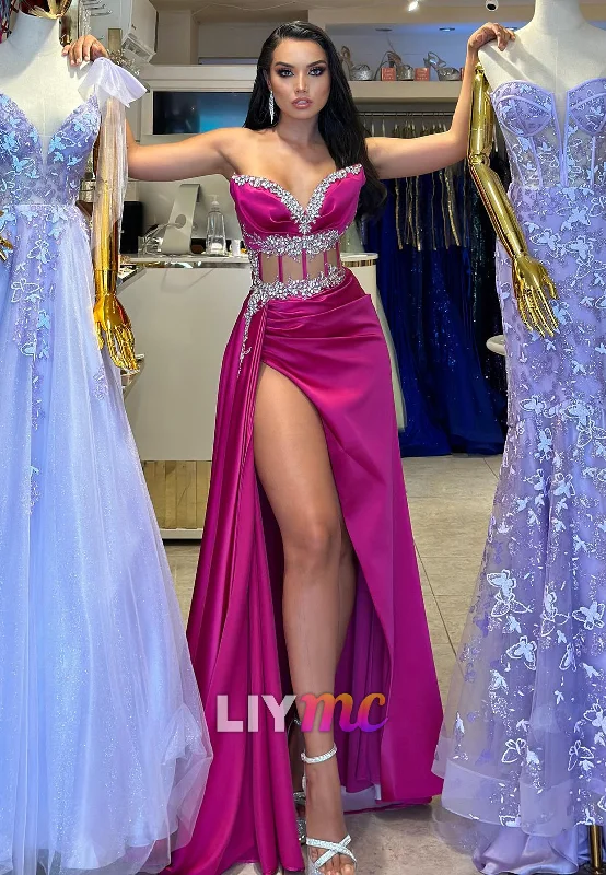 Big Discounts LP2042 - V-Neck Sleeveless Cut Outs Beaded High Slit Pleated Prom Dress