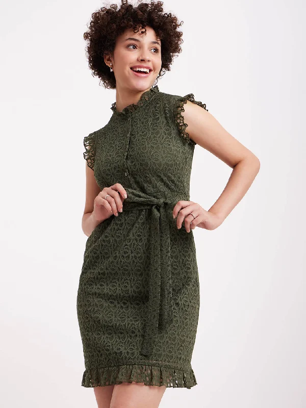 Steals and Deals A-Line Ruffle Lace Dress - Olive